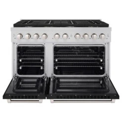 ZLINE 48 In. 6.7 Cu. Ft. Paramount Double Oven Dual Fuel Range With 8 Burner Gas Cooktop In Stainless Steel With Black Matte Doors (SDR-BLM-48)(Zline 48 Paramount Dual Fuel Range Stainless Steel Black Matte Sdr Blm 48) -Induction Cooktop Store zline professional stainless steel black matte gas range SDR BLM 48 front open 4ebbb744 ae71 4bb9 aabd a16f763b26ca