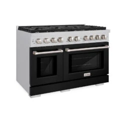 ZLINE 48 In. 6.7 Cu. Ft. Paramount Double Oven Dual Fuel Range With 8 Burner Gas Cooktop In Stainless Steel With Black Matte Doors (SDR-BLM-48)(Zline 48 Paramount Dual Fuel Range Stainless Steel Black Matte Sdr Blm 48)