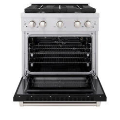 ZLINE 30 In. 4.2 Cu. Ft. Paramount Gas Range With 4 Burner Gas Cooktop And Convection Gas Oven In Stainless Steel With Black Matte Door (SGR-BLM-30)(Zline 30 Paramount Gas Range Stainless Steel Black Matte Sgr Blm 30) -Induction Cooktop Store zline professional stainless steel black matte gas range SGR BLM 30 front opencopy