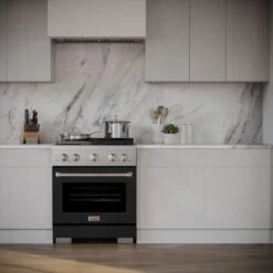 ZLINE 30 In. 4.2 Cu. Ft. Paramount Gas Range With 4 Burner Gas Cooktop And Convection Gas Oven In Stainless Steel With Black Matte Door (SGR-BLM-30)(Zline 30 Paramount Gas Range Stainless Steel Black Matte Sgr Blm 30) -Induction Cooktop Store zline professional stainless steel black matte gas range SGR BLM 30 lifestyle front fullcopy