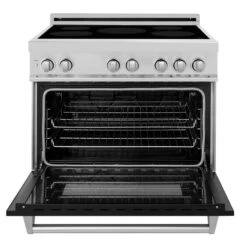 ZLINE 36 In. 4.6 Cu. Ft. Legacy Induction Range With 5 Element Cooktop And Electric Oven In Stainless Steel And Black Matte Door (RAIND-BLM-36)(Zline 36 Induction Range Stainless Steel Black Matte Raind Blm 36) -Induction Cooktop Store zline professional stainless steel black matte induction range RAIND BLM 36 Front Open