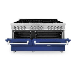ZLINE 60 In. 7.4 Cu. Ft. Legacy Dual Fuel Range With 9 Burner Gas Cooktop And 2 Electric Convection Ovens In Stainless Steel And Blue Matte Doors (RA-BM-60)(Zline 60 Legacy Dual Fuel Range Stainless Steel Blue Matte Ra Bm 60) -Induction Cooktop Store zline professional stainless steel dual fuel range RA BM 60 front half open fffdc387 8cf3 4e78 a55e ae4f0ddab081