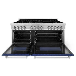 ZLINE 60 In. 7.4 Cu. Ft. Legacy Dual Fuel Range With 9 Burner Gas Cooktop And 2 Electric Convection Ovens In Stainless Steel And Blue Matte Doors (RA-BM-60)(Zline 60 Legacy Dual Fuel Range Stainless Steel Blue Matte Ra Bm 60) -Induction Cooktop Store zline professional stainless steel dual fuel range RA BM 60 front open ba36c6e9 757f 4061 a11e 4f265db6d91f