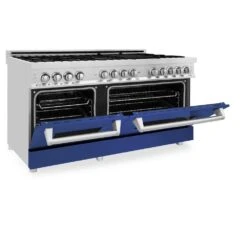 ZLINE 60 In. 7.4 Cu. Ft. Legacy Dual Fuel Range With 9 Burner Gas Cooktop And 2 Electric Convection Ovens In Stainless Steel And Blue Matte Doors (RA-BM-60)(Zline 60 Legacy Dual Fuel Range Stainless Steel Blue Matte Ra Bm 60) -Induction Cooktop Store zline professional stainless steel dual fuel range RA BM 60 half open d92e6ae9 1c32 460b 8dfd ebb2c3dd2f10