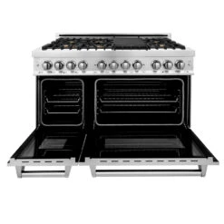 ZLINE 48 In. 6.0 Cu. Ft. Legacy Dual Fuel Range With Gas Cooktop And 2 Electric Ovens In Stainless Steel With Brass Burners (RA-BR-48)(Zline 48 Legacy Dual Fuel Range Stainless Steel Brass Burners Ra Br 48) -Induction Cooktop Store zline professional stainless steel dual fuel range RA BR 48 front open b6983fbe 46bd 44bb b078 af9605f76e53