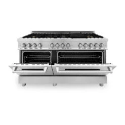 ZLINE 60 In. 7.4 Cu. Ft. Legacy Dual Fuel Range With Gas Cooktop And 2 Electric Convection Ovens In Stainless Steel With 8 Brass Burners (RA-BR-60)(Zline 60 Legacy Dual Fuel Range Stainless Steel Brass Burners Ra Br 60) 32 ZLINE 60 In. 7.4 Cu. Ft. Legacy Dual Fuel Range With Gas Cooktop And 2 Electric Convection Ovens In Stainless Steel With 8 Brass Burners (RA-BR-60)(Zline 60 Legacy Dual Fuel Range Stainless Steel Brass Burners Ra Br 60) -Induction Cooktop Store zline professional stainless steel dual fuel range RA BR 60 front half open 2
