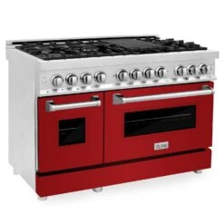 ZLINE 48 In. 6.0 Cu. Ft. Legacy Dual Fuel Range With 7 Burner Gas Cooktop And 2 Electric Ovens In Stainless Steel And Red Gloss Doors (RA-RG-48)(Zline 48 Legacy Dual Fuel Range Stainless Steel Red Gloss Ra Rg 48)