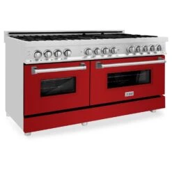 ZLINE 60 In. 7.4 Cu. Ft. Legacy Dual Fuel Range With 9 Burner Gas Cooktop And 2 Electric Convection Ovens In Stainless Steel And Red Gloss Doors (RA-RG-60)(Zline 60 Legacy Dual Fuel Range Stainless Steel Red Gloss Ra Rg 60)