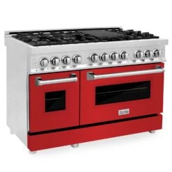 ZLINE 48 In. 6.0 Cu. Ft. Legacy Dual Fuel Range With 7 Burner Gas Cooktop And 2 Electric Ovens In Stainless Steel And Red Matte Doors (RA-RM-48)(Zline 48 Legacy Dual Fuel Range Stainless Steel Red Matte Ra Rm 48)