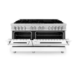 ZLINE 60 In. 7.4 Cu. Ft. Legacy Dual Fuel Range With 9 Burner Gas Cooktop And 2 Electric Convection Ovens In Stainless Steel And White Matte Doors (RA-WM-60)(Zline 60 Legacy Dual Fuel Range Stainless Steel White Matte Ra Wm 60) -Induction Cooktop Store zline professional stainless steel dual fuel range RA WM 60 front half open 0b51007c 4f42 4c18 abf2 668f0ca63b75