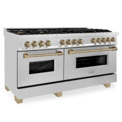 ZLINE Autograph Edition 60 In. 7.4 Cu. Ft. Legacy Dual Fuel Range With 9 Burner Gas Cooktop And 2 Electric Convection Ovens In Stainless Steel And Champagne Bronze Accents (RAZ-60-CB)(Zline Autograph Edition 60 Legacy Dual Fuel Range Stainless Steel Champagne Bronze Raz 60 Cb)