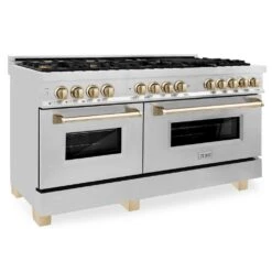 ZLINE Autograph Edition 60 In. 7.4 Cu. Ft. Legacy Dual Fuel Range With 9 Burner Gas Cooktop And 2 Electric Convection Ovens In Stainless Steel And Polished Gold Accents (RAZ-60-G)(Zline Autograph Edition 60 Legacy Dual Fuel Range Stainless Steel Gold Raz 60 G)