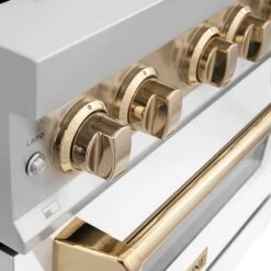 ZLINE Autograph Edition 36 In. 4.6 Cu. Ft. Legacy Dual Fuel Range With 6 Burner Gas Cooktop And Electric Convection Oven In Stainless Steel With White Matte Door And Polished Gold Accents (RAZ-WM-36-G)(Zline Autograph Edition 36 Legacy Dual Fuel Range Stainless Steel White Matte Gold Raz Wm 36 G) 25 ZLINE Autograph Edition 36 In. 4.6 Cu. Ft. Legacy Dual Fuel Range With 6 Burner Gas Cooktop And Electric Convection Oven In Stainless Steel With White Matte Door And Polished Gold Accents (RAZ-WM-36-G)(Zline Autograph Edition 36 Legacy Dual Fuel Range Stainless Steel White Matte Gold Raz Wm 36 G) -Induction Cooktop Store zline professional stainless steel dual fuel range RAZ WM 36 G detail knobs 2 a1bbce89 0860 45d6 9ff5 e1728905a3c7