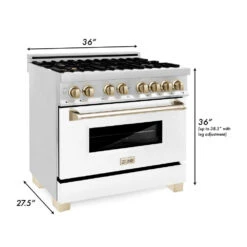 ZLINE Autograph Edition 36 In. Kitchen Package With Stainless Steel Dual Fuel Range With White Matte Door, Range Hood And Dishwasher With Polished Gold Accents (3AKP-RAWMRHDWM36-G)(Zline Autograph Edition 36 Kitchen Package Stainless Steel White Matte Gold 3akp Rawmrhdwm36 G) -Induction Cooktop Store zline professional stainless steel dual fuel range RAZ WM 36 G dimensional graphic 1