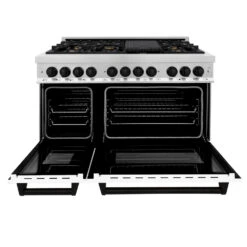 ZLINE Autograph Edition 48 In. 6.0 Cu. Ft. Legacy Dual Fuel Range With 7 Burner Gas Cooktop And 2 Electric Ovens In Stainless Steel With White Matte Doors And Matte Black Accents (RAZ-WM-48-MB)(Zline Autograph Edition 48 Legacy Dual Fuel Range Stainless Steel White Matte Matte Black Raz Wm 48 Mb) -Induction Cooktop Store zline professional stainless steel dual fuel range RAZ WM 48 MB front open