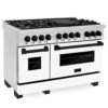 ZLINE Autograph Edition 48 In. 6.0 Cu. Ft. Legacy Dual Fuel Range With 7 Burner Gas Cooktop And 2 Electric Ovens In Stainless Steel With White Matte Doors And Matte Black Accents (RAZ-WM-48-MB)(Zline Autograph Edition 48 Legacy Dual Fuel Range Stainless Steel White Matte Matte Black Raz Wm 48 Mb)