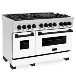 ZLINE Autograph Edition 48 In. 6.0 Cu. Ft. Legacy Dual Fuel Range With 7 Burner Gas Cooktop And 2 Electric Ovens In Stainless Steel With White Matte Doors And Matte Black Accents (RAZ-WM-48-MB)(Zline Autograph Edition 48 Legacy Dual Fuel Range Stainless Steel White Matte Matte Black Raz Wm 48 Mb)