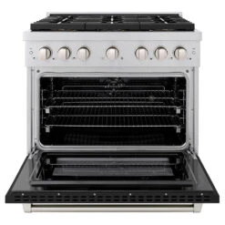 ZLINE 36 In. 5.2 Cu. Ft. Paramount Dual Fuel Range With 6 Burner DuoPro™ Cooktop And Electric Convection Oven With Black Matte Door (PSDR-BLM-36)(Zline 36 Paramount Dual Fuel Range Duopro Stainless Steel Black Matte Psdr Blm 36) -Induction Cooktop Store zline professional stainless steel dual fuel range duopro cooktop PSDR BLM 36 front open