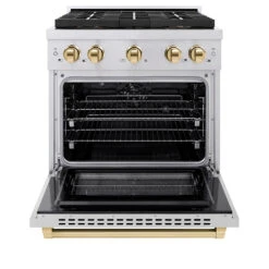 ZLINE Autograph Edition 30 In. 4.2 Cu. Ft. Paramount Dual Fuel Range With 4 Burner DuoPro™ Cooktop And Electric Convection Oven In Stainless Steel With Polished Gold Accents (PSDRZ-30-G)(Zline Autograph Edition 30 Paramount Dual Fuel Range Duopro Stainless Steel Polished Gold Psdrz 30 G) -Induction Cooktop Store zline professional stainless steel dual fuel range duopro cooktop PSDRZ 30 G front open