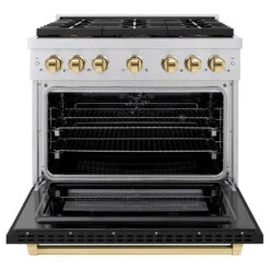 ZLINE Autograph Edition 36 In. 5.2 Cu. Ft. Paramount Dual Fuel Range With 6 Burner DuoPro™ Cooktop And Electric Convection Oven With Black Matte Door And Polished Gold Accents (PSDRZ-BLM-36-G)(Zline Autograph Edition 36 Paramount Dual Fuel Range Duopro Stainless Steel Black Matte Polished Gold Psdrz Blm 36 G) -Induction Cooktop Store zline professional stainless steel dual fuel range duopro cooktop PSDRZ BLM 36 G front open