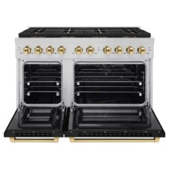 ZLINE Autograph Edition 48 In. 6.7 Cu. Ft. Paramount Dual Fuel Range With 8 Burner DuoPro™ Cooktop And Dual Ovens With Black Matte Doors And Polished Gold Accents (PSDRZ-BLM-48-G)(Zline Autograph Edition 48 Paramount Dual Fuel Range Duopro Stainless Steel Black Matte Polished Gold Psdrz Blm 48 G) -Induction Cooktop Store zline professional stainless steel dual fuel range duopro cooktop PSDRZ BLM 48 G front open