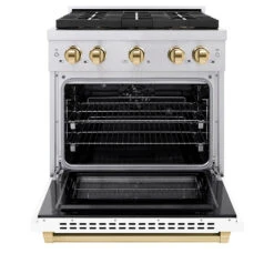 ZLINE Autograph Edition 30 In. 4.2 Cu. Ft. Paramount Dual Fuel Range With 4 Burner DuoPro™ Cooktop And Electric Convection Oven In Stainless Steel With White Matte Door And Polished Gold Accents (PSDRZ-WM-30-G)(Zline Autograph Edition 30 Paramount Dual Fuel Range Duopro Stainless Steel White Matte Polished Gold Psdrz Wm 30 G) -Induction Cooktop Store zline professional stainless steel dual fuel range duopro cooktop PSDRZ WM 30 G front open