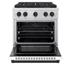 ZLINE Autograph Edition 30 In. 4.2 Cu. Ft. Paramount Dual Fuel Range With 4 Burner DuoPro™ Cooktop And Electric Convection Oven In Stainless Steel With White Matte Door And Matte Black Accents (PSDRZ-WM-30-MB)(Zline Autograph Edition 30 Paramount Dual Fuel Range Duopro Stainless Steel White Matte Matte Black Psdrz Wm 30 Mb) -Induction Cooktop Store zline professional stainless steel dual fuel range duopro cooktop PSDRZ WM 30 MB front open