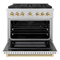 ZLINE Autograph Edition 36 In. 5.2 Cu. Ft. Paramount Dual Fuel Range With 6 Burner DuoPro™ Cooktop And Electric Convection Oven With White Matte Door And Polished Gold Accents (PSDRZ-WM-36-G)(Zline Autograph Edition 36 Paramount Dual Fuel Range Duopro Stainless Steel White Matte Polished Gold Psdrz Wm 36 G) 20 ZLINE Autograph Edition 36 In. 5.2 Cu. Ft. Paramount Dual Fuel Range With 6 Burner DuoPro™ Cooktop And Electric Convection Oven With White Matte Door And Polished Gold Accents (PSDRZ-WM-36-G)(Zline Autograph Edition 36 Paramount Dual Fuel Range Duopro Stainless Steel White Matte Polished Gold Psdrz Wm 36 G) -Induction Cooktop Store zline professional stainless steel dual fuel range duopro cooktop PSDRZ WM 36 G front open