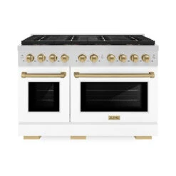 ZLINE Autograph Edition 48 In. 6.7 Cu. Ft. Paramount Dual Fuel Range With 8 Burner DuoPro™ Cooktop And Dual Ovens With White Matte Doors And Champagne Bronze Accents (PSDRZ-WM-48-CB)(Zline Autograph Edition 48 Paramount Dual Fuel Range Duopro Stainless Steel White Matte Champagne Bronze Psdrz Wm 48 Cb)
