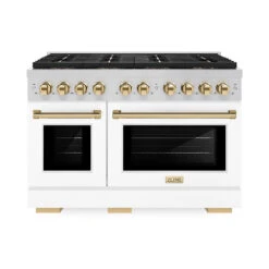 ZLINE Autograph Edition 48 In. 6.7 Cu. Ft. Paramount Dual Fuel Range With 8 Burner DuoPro™ Cooktop And Dual Ovens With White Matte Doors And Polished Gold Accents (PSDRZ-WM-48-G)(Zline Autograph Edition 48 Paramount Dual Fuel Range Duopro Stainless Steel White Matte Polished Gold Psdrz Wm 48 G)
