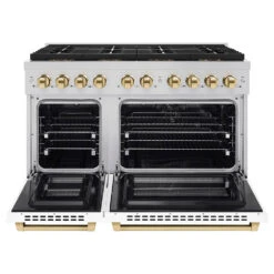 ZLINE Autograph Edition 48 In. 6.7 Cu. Ft. Paramount Dual Fuel Range With 8 Burner DuoPro™ Cooktop And Dual Ovens With White Matte Doors And Polished Gold Accents (PSDRZ-WM-48-G)(Zline Autograph Edition 48 Paramount Dual Fuel Range Duopro Stainless Steel White Matte Polished Gold Psdrz Wm 48 G) -Induction Cooktop Store zline professional stainless steel dual fuel range duopro cooktop PSDRZ WM 48 G front open