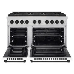 ZLINE Autograph Edition 48 In. 6.7 Cu. Ft. Paramount Dual Fuel Range With 8 Burner DuoPro™ Cooktop And Dual Ovens With White Matte Doors And Matte Black Accents (PSDRZ-WM-48-MB)(Zline Autograph Edition 48 Paramount Dual Fuel Range Duopro Stainless Steel White Matte Matte Black Psdrz Wm 48 Mb) -Induction Cooktop Store zline professional stainless steel dual fuel range duopro cooktop PSDRZ WM 48 MB front open