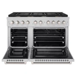 ZLINE 48 In. 6.7 Cu. Ft. Paramount Double Oven Gas Range In Stainless Steel With 8 Brass Burners (SGR-BR-48)(Zline 48 Paramount Gas Range Stainless Steel Brass Burners Sgr Br 48) -Induction Cooktop Store zline professional stainless steel gas range SGR BR 48 front opencopy