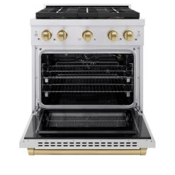 ZLINE Autograph Edition 30 In. 4.2 Cu. Ft. Paramount Gas Range With 4 Burner DuoPro™ Cooktop And Convection Gas Oven In Stainless Steel With Champagne Bronze Accents (PSGRZ-30-CB)(Zline Autograph Edition 30 Paramount Gas Range Duopro Stainless Steel Champagne Bronze Psgrz 30 Cb) 19 ZLINE Autograph Edition 30 In. 4.2 Cu. Ft. Paramount Gas Range With 4 Burner DuoPro™ Cooktop And Convection Gas Oven In Stainless Steel With Champagne Bronze Accents (PSGRZ-30-CB)(Zline Autograph Edition 30 Paramount Gas Range Duopro Stainless Steel Champagne Bronze Psgrz 30 Cb) -Induction Cooktop Store zline professional stainless steel gas range duopro cooktop PSGRZ 30 CB front open