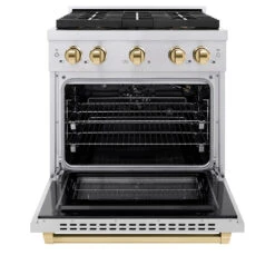 ZLINE Autograph Edition 30 In. 4.2 Cu. Ft. Paramount Gas Range With 4 Burner DuoPro™ Cooktop And Convection Gas Oven In Stainless Steel With Polished Gold Accents (PSGRZ-30-G)(Zline Autograph Edition 30 Paramount Gas Range Duopro Stainless Steel Polished Gold Psgrz 30 G) -Induction Cooktop Store zline professional stainless steel gas range duopro cooktop PSGRZ 30 G front open