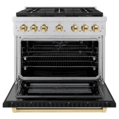 ZLINE Autograph Edition 36 In. 5.2 Cu. Ft. Paramount Gas Range With 6 Burner DuoPro™ Cooktop And Convection Gas Oven With Black Matte Door And Polished Gold Accents (PSGRZ-BLM-36-G)(Zline Autograph Edition 36 Paramount Gas Range Duopro Stainless Steel Black Matte Polished Gold Psgrz Blm 36 G) -Induction Cooktop Store zline professional stainless steel gas range duopro cooktop PSGRZ BLM 36 G front open