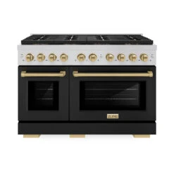 ZLINE Autograph Edition 48 In. 6.7 Cu. Ft. Paramount Gas Range With 8 Burner DuoPro™ Cooktop And Dual Ovens With Black Matte Doors And Champagne Bronze Accents (PSGRZ-BLM-48-CB)(Zline Autograph Edition 48 Paramount Gas Range Duopro Stainless Steel Black Matte Champagne Bronze Psgrz Blm 48 Cb)