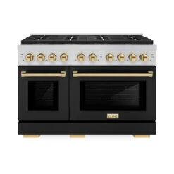ZLINE Autograph Edition 48 In. 6.7 Cu. Ft. Paramount Gas Range With 8 Burner DuoPro™ Cooktop And Dual Ovens With Black Matte Doors And Polished Gold Accents (PSGRZ-BLM-48-G)(Zline Autograph Edition 48 Paramount Gas Range Duopro Stainless Steel Black Matte Polished Gold Psgrz Blm 48 G)