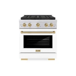 ZLINE Autograph Edition 30 In. 4.2 Cu. Ft. Paramount Gas Range With 4 Burner DuoPro™ Cooktop And Convection Gas Oven In Stainless Steel With White Matte Door And Champagne Bronze Accents (PSGRZ-WM-30-CB)(Zline Autograph Edition 30 Paramount Gas Range Duopro Stainless Steel White Matte Champagne Bronze Psgrz Wm 30 Cb)