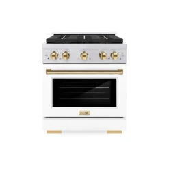 ZLINE Autograph Edition 30 In. 4.2 Cu. Ft. Paramount Gas Range With 4 Burner DuoPro™ Cooktop And Convection Gas Oven In Stainless Steel With White Matte Door And Polished Gold Accents (PSGRZ-WM-30-G)(Zline Autograph Edition 30 Paramount Gas Range Duopro Stainless Steel White Matte Polished Gold Psgrz Wm 30 G)