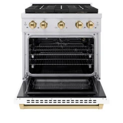 ZLINE Autograph Edition 30 In. 4.2 Cu. Ft. Paramount Gas Range With 4 Burner DuoPro™ Cooktop And Convection Gas Oven In Stainless Steel With White Matte Door And Polished Gold Accents (PSGRZ-WM-30-G)(Zline Autograph Edition 30 Paramount Gas Range Duopro Stainless Steel White Matte Polished Gold Psgrz Wm 30 G) 19 ZLINE Autograph Edition 30 In. 4.2 Cu. Ft. Paramount Gas Range With 4 Burner DuoPro™ Cooktop And Convection Gas Oven In Stainless Steel With White Matte Door And Polished Gold Accents (PSGRZ-WM-30-G)(Zline Autograph Edition 30 Paramount Gas Range Duopro Stainless Steel White Matte Polished Gold Psgrz Wm 30 G) -Induction Cooktop Store zline professional stainless steel gas range duopro cooktop PSGRZ WM 30 G front open