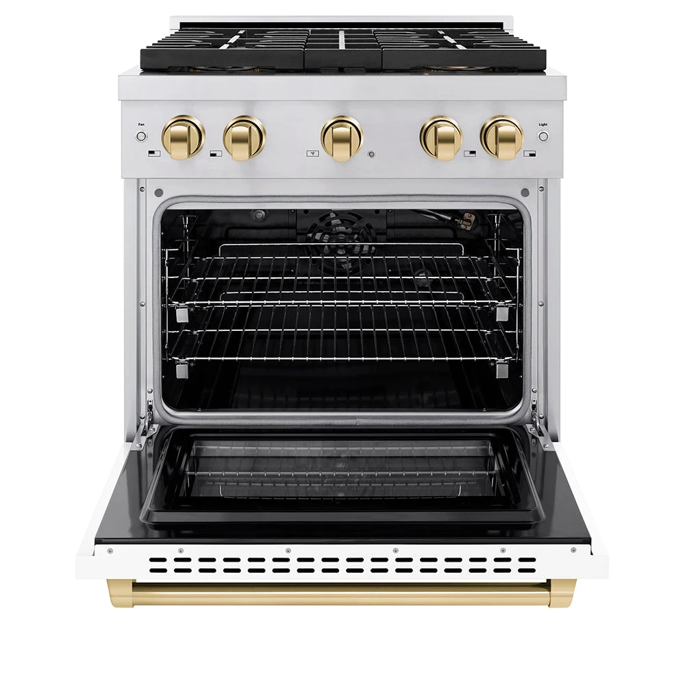 ZLINE Autograph Edition 30 In. 4.2 Cu. Ft. Paramount Gas Range With 4 Burner DuoPro™ Cooktop And Convection Gas Oven In Stainless Steel With White Matte Door And Polished Gold Accents (PSGRZ-WM-30-G)(Zline Autograph Edition 30 Paramount Gas Range Duopro Stainless Steel White Matte Polished Gold Psgrz Wm 30 G) 3 ZLINE Autograph Edition 30 In. 4.2 Cu. Ft. Paramount Gas Range With 4 Burner DuoPro™ Cooktop And Convection Gas Oven In Stainless Steel With White Matte Door And Polished Gold Accents (PSGRZ-WM-30-G)(Zline Autograph Edition 30 Paramount Gas Range Duopro Stainless Steel White Matte Polished Gold Psgrz Wm 30 G) - Image 3