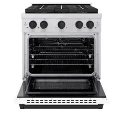 ZLINE Autograph Edition 30 In. 4.2 Cu. Ft. Paramount Gas Range With 4 Burner DuoPro™ Cooktop And Convection Gas Oven In Stainless Steel With White Matte Door And Matte Black Accents (PSGRZ-WM-30-MB)(Zline Autograph Edition 30 Paramount Gas Range Duopro Stainless Steel White Matte Matte Black Psgrz Wm 30 Mb) -Induction Cooktop Store zline professional stainless steel gas range duopro cooktop PSGRZ WM 30 MB front open 12397204 eb5e 42d7 8de6 6200260ce7db