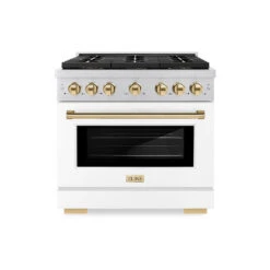 ZLINE Autograph Edition 36 In. 5.2 Cu. Ft. Paramount Gas Range With 6 Burner DuoPro™ Cooktop And Convection Gas Oven With White Matte Door And Polished Gold Accents (PSGRZ-WM-36-G)(Zline Autograph Edition 36 Paramount Gas Range Duopro Stainless Steel White Matte Polished Gold Psgrz Wm 36 G)