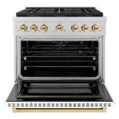ZLINE Autograph Edition 36 In. 5.2 Cu. Ft. Paramount Gas Range With 6 Burner DuoPro™ Cooktop And Convection Gas Oven With White Matte Door And Polished Gold Accents (PSGRZ-WM-36-G)(Zline Autograph Edition 36 Paramount Gas Range Duopro Stainless Steel White Matte Polished Gold Psgrz Wm 36 G) -Induction Cooktop Store zline professional stainless steel gas range duopro cooktop PSGRZ WM 36 G front open