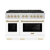 ZLINE Autograph Edition 48 In. 6.7 Cu. Ft. Paramount Gas Range With 8 Burner DuoPro™ Cooktop And Dual Ovens With White Matte Doors And Champagne Bronze Accents (PSGRZ-WM-48-CB)(Zline Autograph Edition 48 Paramount Gas Range Duopro Stainless Steel White Matte Champagne Bronze Psgrz Wm 48 Cb)