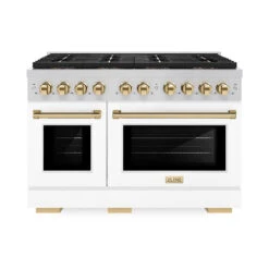 ZLINE Autograph Edition 48 In. 6.7 Cu. Ft. Paramount Gas Range With 8 Burner DuoPro™ Cooktop And Dual Ovens With White Matte Doors And Polished Gold Accents (PSGRZ-WM-48-G)(Zline Autograph Edition 48 Paramount Gas Range Duopro Stainless Steel White Matte Polished Gold Psgrz Wm 48 G)