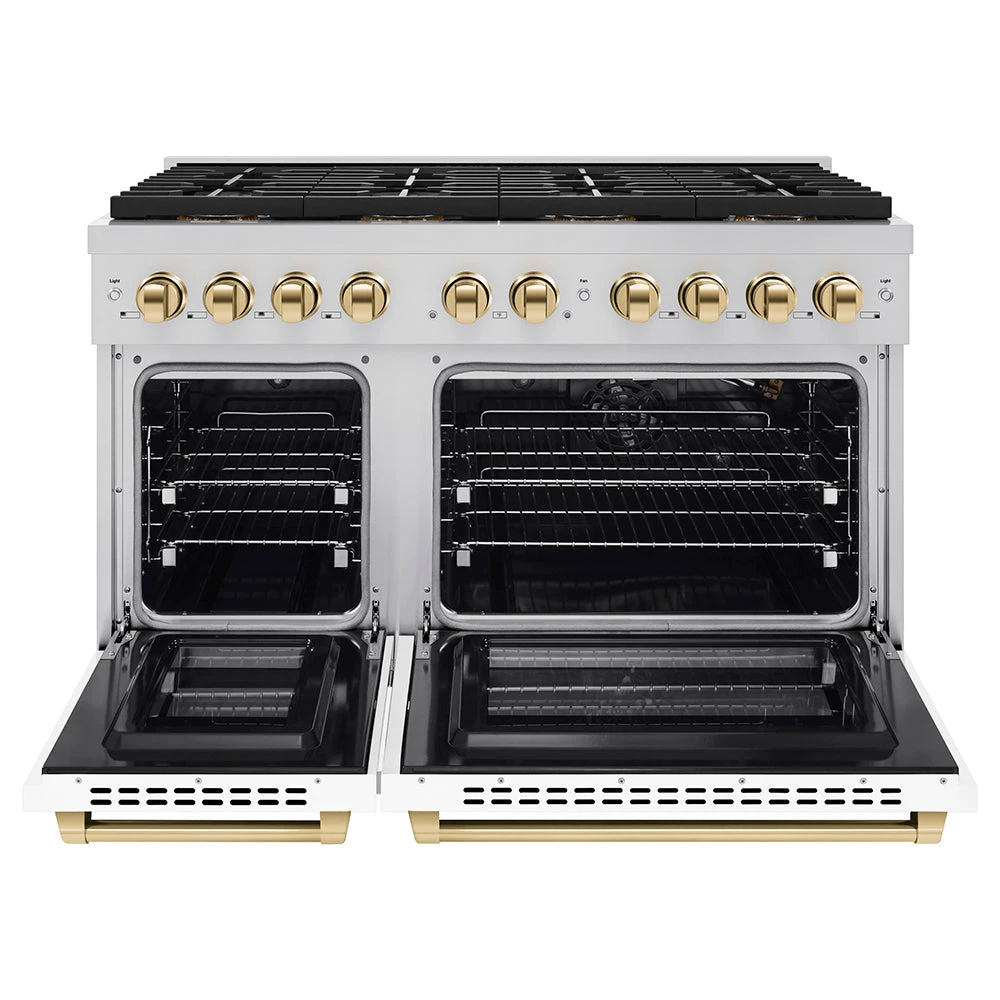 ZLINE Autograph Edition 48 In. 6.7 Cu. Ft. Paramount Gas Range With 8 Burner DuoPro™ Cooktop And Dual Ovens With White Matte Doors And Polished Gold Accents (PSGRZ-WM-48-G)(Zline Autograph Edition 48 Paramount Gas Range Duopro Stainless Steel White Matte Polished Gold Psgrz Wm 48 G) 3 ZLINE Autograph Edition 48 In. 6.7 Cu. Ft. Paramount Gas Range With 8 Burner DuoPro™ Cooktop And Dual Ovens With White Matte Doors And Polished Gold Accents (PSGRZ-WM-48-G)(Zline Autograph Edition 48 Paramount Gas Range Duopro Stainless Steel White Matte Polished Gold Psgrz Wm 48 G) - Image 3