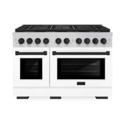 ZLINE Autograph Edition 48 In. 6.7 Cu. Ft. Paramount Gas Range With 8 Burner DuoPro™ Cooktop And Dual Ovens With White Matte Doors And Matte Black Accents (PSGRZ-WM-48-MB)(Zline Autograph Edition 48 Paramount Gas Range Duopro Stainless Steel White Matte Matte Black Psgrz Wm 48 Mb)
