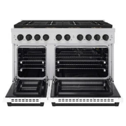 ZLINE Autograph Edition 48 In. 6.7 Cu. Ft. Paramount Gas Range With 8 Burner DuoPro™ Cooktop And Dual Ovens With White Matte Doors And Matte Black Accents (PSGRZ-WM-48-MB)(Zline Autograph Edition 48 Paramount Gas Range Duopro Stainless Steel White Matte Matte Black Psgrz Wm 48 Mb) -Induction Cooktop Store zline professional stainless steel gas range duopro cooktop PSGRZ WM 48 MB front open